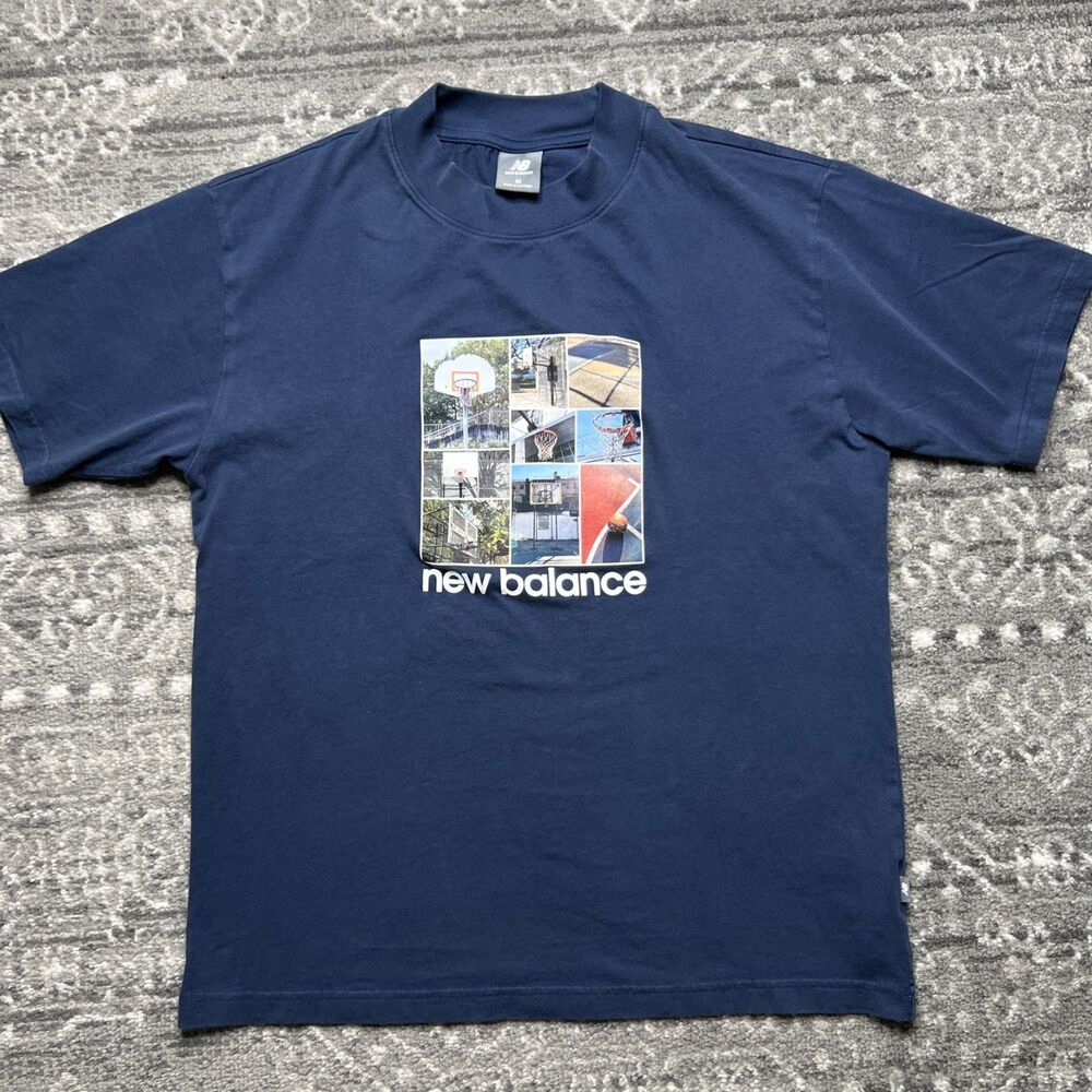 New Balance High Neck Basketball Hoops Men’s Graphic T Shirt Medium Navy Retro